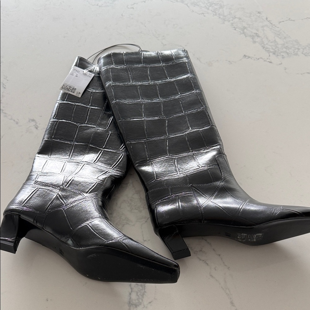H&M Elegant Black Croc-Embossed Knee-High Boots